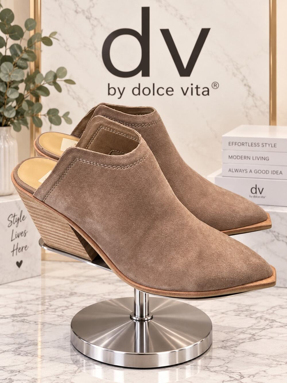 DV by Dolce Vita Taupe Pointed Toe Open Back Wedge Booties Sz 7